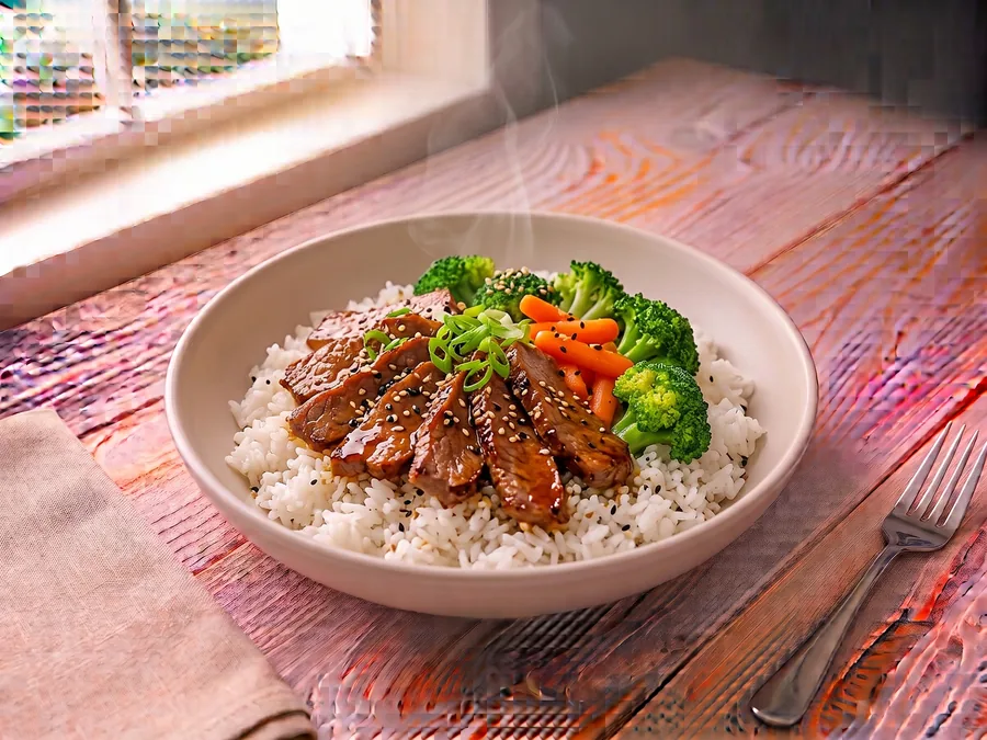 Bowl de bœuf mariné, riz et légumes