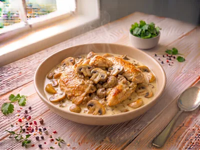 Fricassée de poulet à la crème et champignons