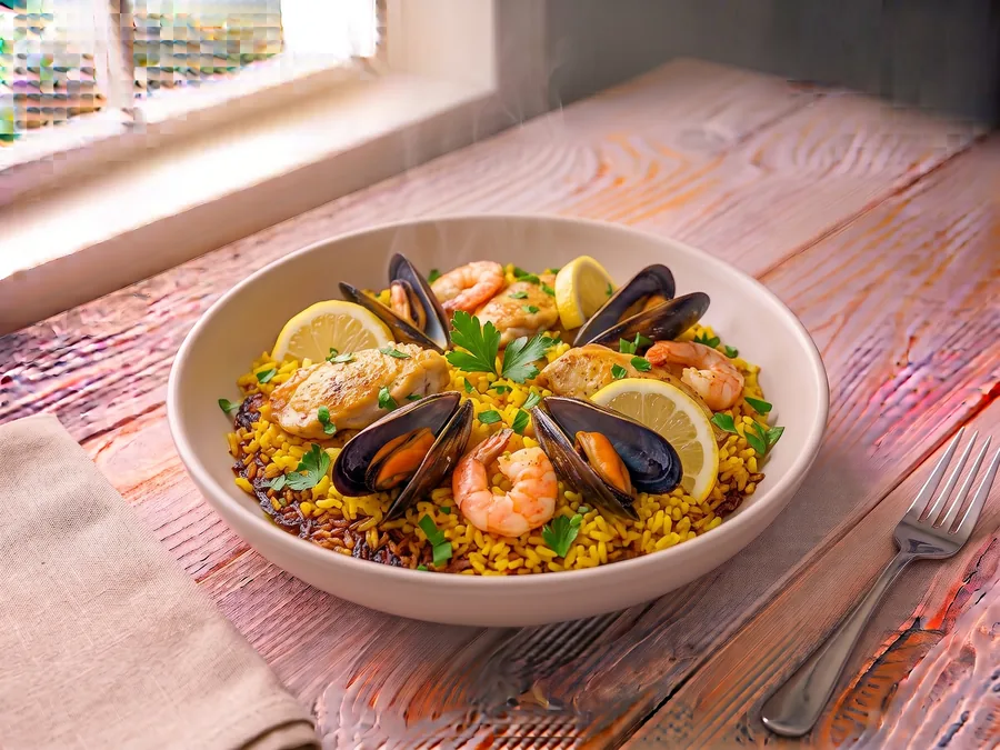 Paella au poulet et fruits de mer
