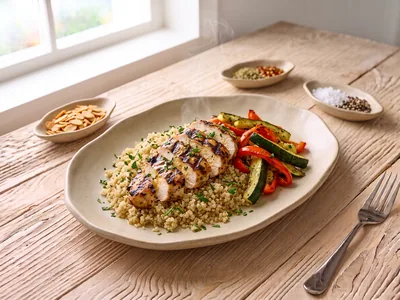 Poulet grillé, quinoa et légumes